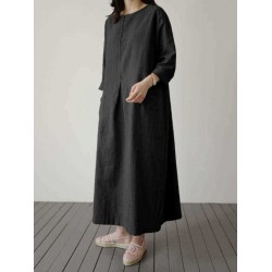 Casual Women Loose Solid Color Pockets Long Sleeve Dress