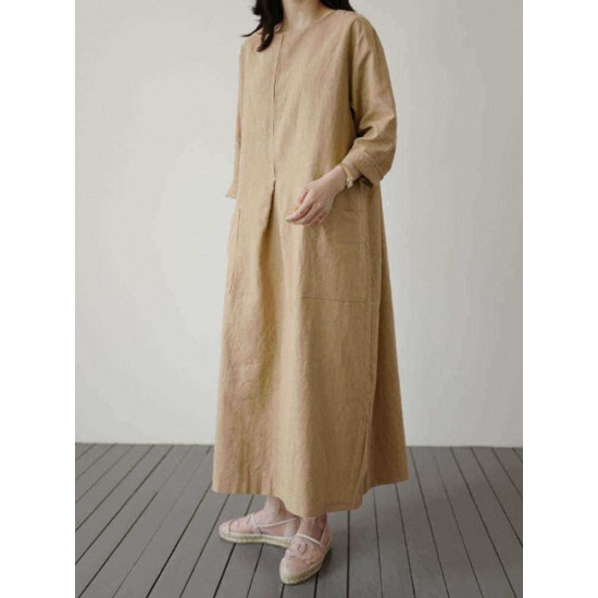 Casual Women Loose Solid Color Pockets Long Sleeve Dress