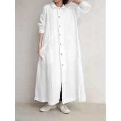 Casual Women Pure Color Button Turn Down Colar Long Sleeve Pocket Dress