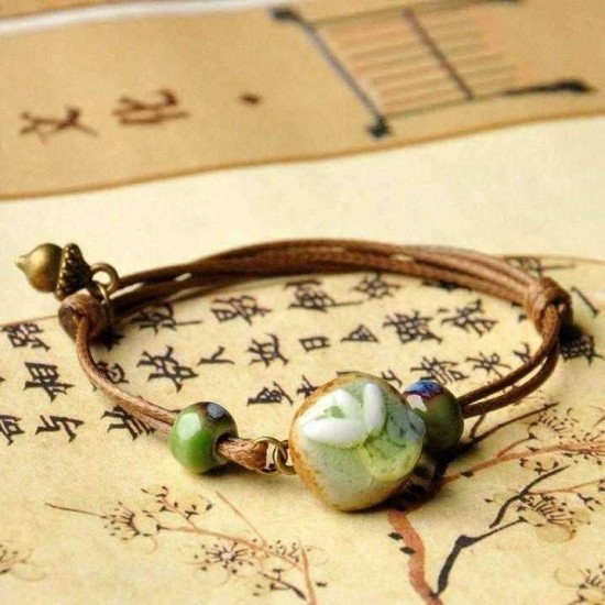 Chinese Ceramics Flower Weave Wax Rope Bracelet Jewelry