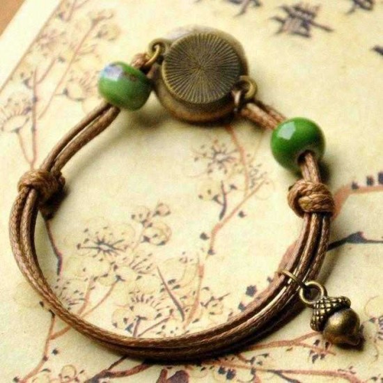 Chinese Ceramics Flower Weave Wax Rope Bracelet Jewelry