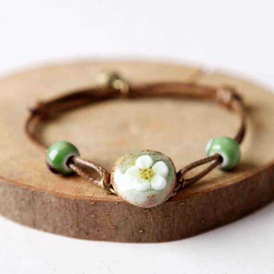 Chinese Ceramics Flower Weave Wax Rope Bracelet Jewelry