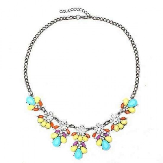 Crystal Flower Pendant Statement Necklace Metal Chain Choker Necklace