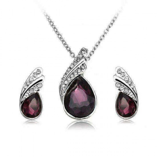 Crystal Water Drop Necklace Earrings Jewelry Set Silver Plated Jewelry Gift for Women