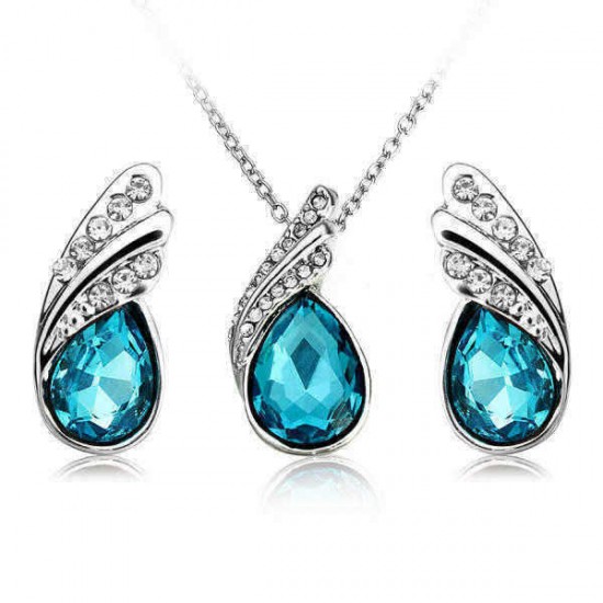 Crystal Water Drop Necklace Earrings Jewelry Set Silver Plated Jewelry Gift for Women