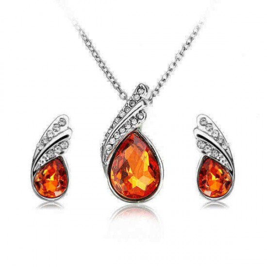 Crystal Water Drop Necklace Earrings Jewelry Set Silver Plated Jewelry Gift for Women