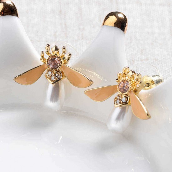 Cute Bees Ear Stud Luxury Gold Plated Gemstone Pearl Earring Jewelry for Women