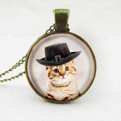 Cute Cat Glass Cabochon Bronze Chain Pendant Necklace For Women