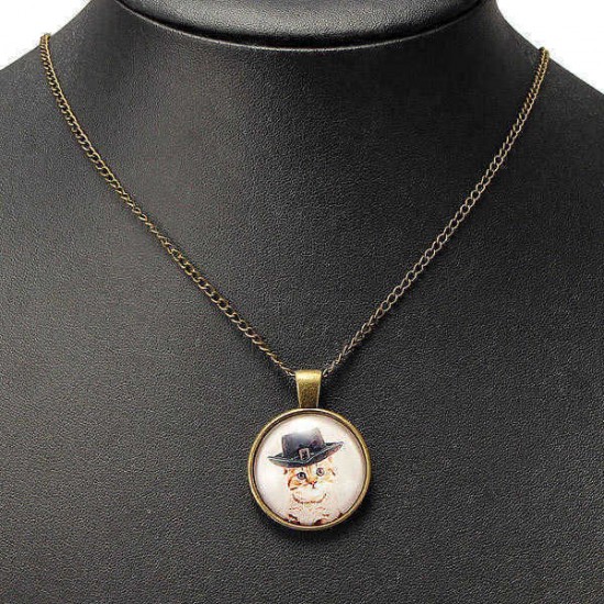 Cute Cat Glass Cabochon Bronze Chain Pendant Necklace For Women