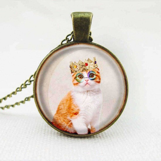 Cute Cat Glass Cabochon Bronze Chain Pendant Necklace For Women