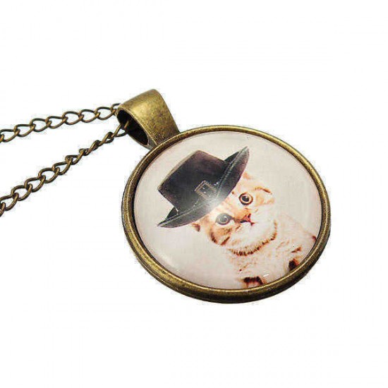 Cute Cat Glass Cabochon Bronze Chain Pendant Necklace For Women