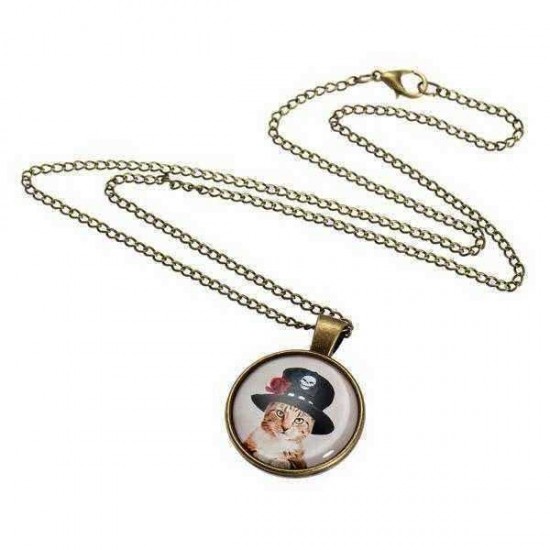 Cute Cat Glass Cabochon Bronze Chain Pendant Necklace For Women