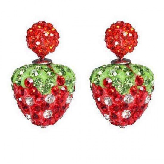 Cute Double Side Full Rhinestone Strawberry Stud Earrings For Women