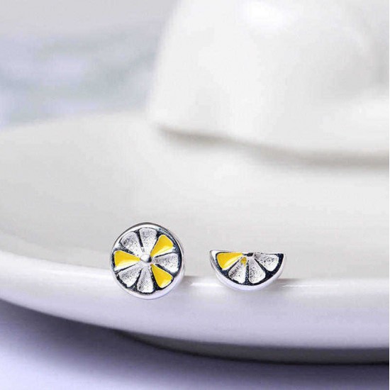 Cute Fresh Lemon Stud Earring 925 Sterling Silver Asymmetric Womens Piercing Fruit Earring