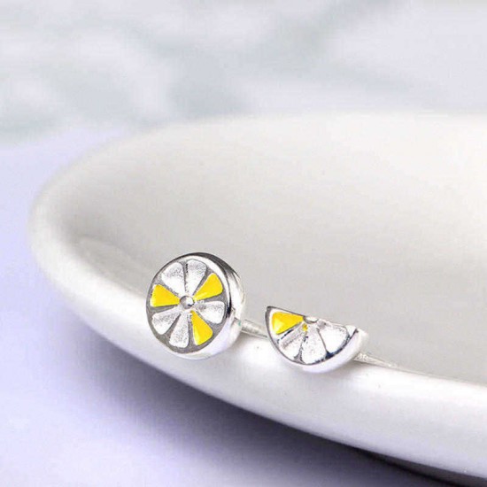 Cute Fresh Lemon Stud Earring 925 Sterling Silver Asymmetric Womens Piercing Fruit Earring