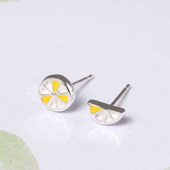 Cute Fresh Lemon Stud Earring 925 Sterling Silver Asymmetric Womens Piercing Fruit Earring