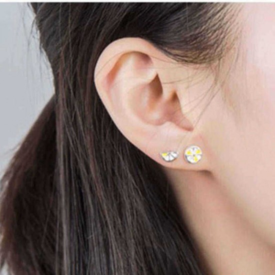 Cute Fresh Lemon Stud Earring 925 Sterling Silver Asymmetric Womens Piercing Fruit Earring