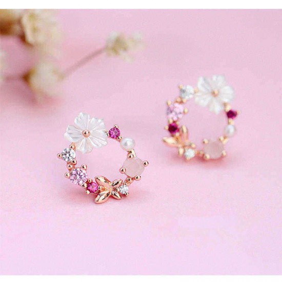 Cute Womens Stud Earring 925 Sterling Silver Needle Shell Flower Butterfly Zirconia Earrings