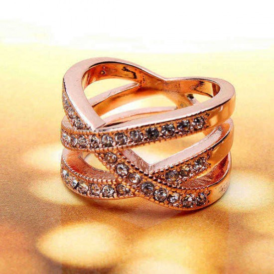 Double Cross Austrian Crystal Women Ring 18K Rose Gold Plated