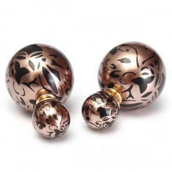 Double Side Leopard Print Pearl Bead Ball Earrings Ear Studs For Women