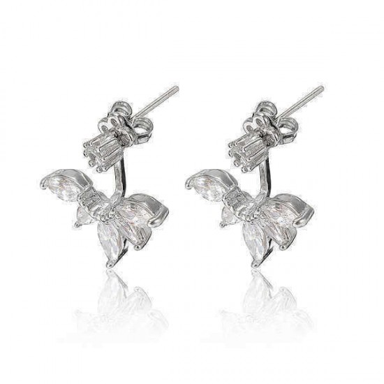 Elegant 925 Silver Needle Zircon Leaf Ear Stud Earrings Women Jewelry