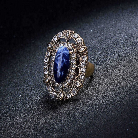 Elegant Blue Gem Stone Ring Retro Style Women Rhinestone Finger Ring