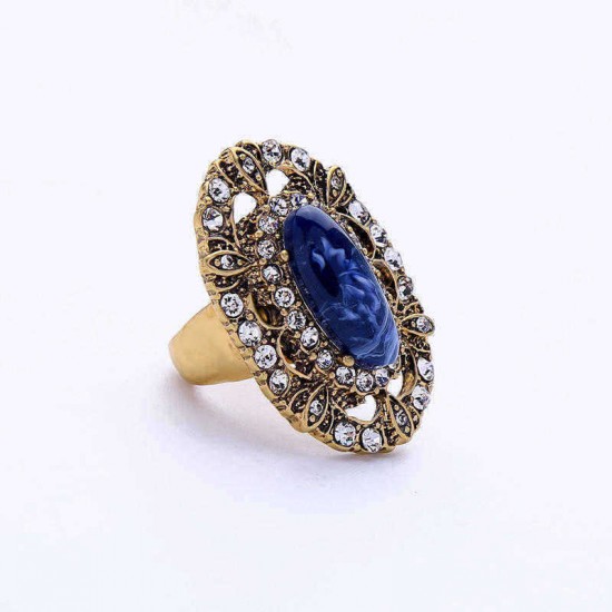 Elegant Blue Gem Stone Ring Retro Style Women Rhinestone Finger Ring