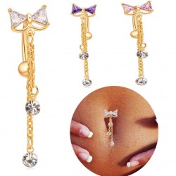 Elegant Bowknot Belly Ring Tassel Rhinestone Navel Belly Piercing Ring for Women