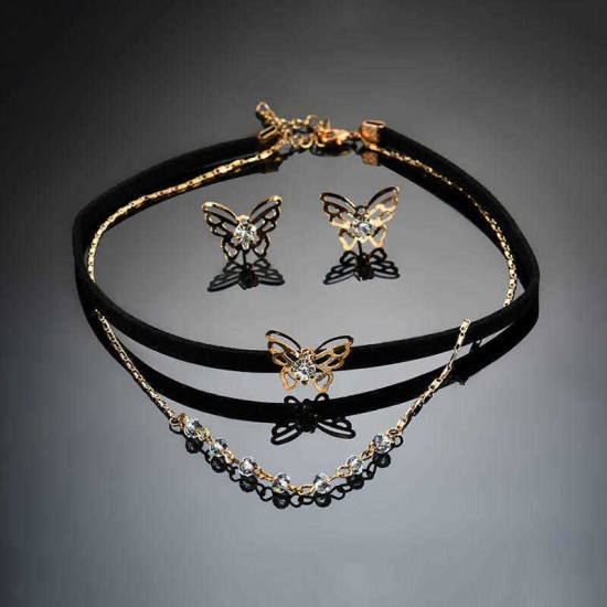 Elegant Butterfly Shiny Rhinestone Charm Women Jewelry Set Fashion Black Choker Ear Stud Gift