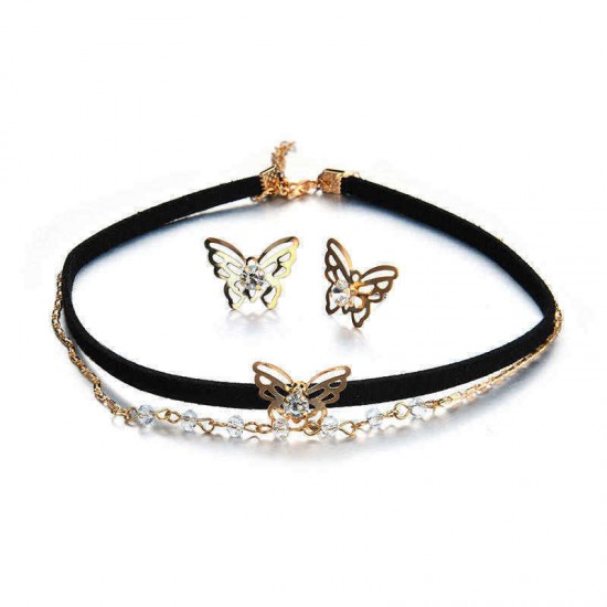 Elegant Butterfly Shiny Rhinestone Charm Women Jewelry Set Fashion Black Choker Ear Stud Gift