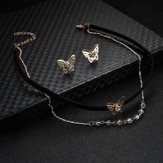 Elegant Butterfly Shiny Rhinestone Charm Women Jewelry Set Fashion Black Choker Ear Stud Gift