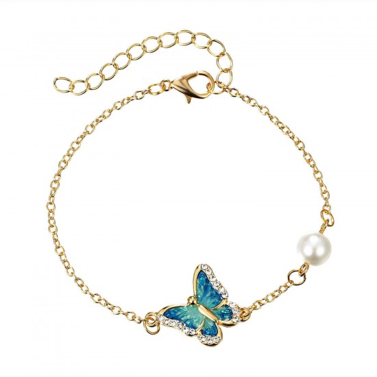 Elegant Enamel Butterfly Charm Bracelet Sweet Dazzling Rhinestone Pearl Bracelets for Women