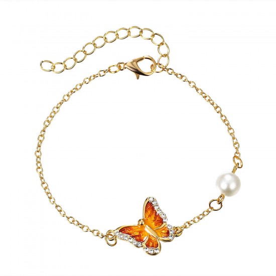 Elegant Enamel Butterfly Charm Bracelet Sweet Dazzling Rhinestone Pearl Bracelets for Women