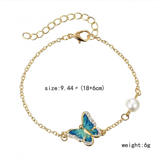 Elegant Enamel Butterfly Charm Bracelet Sweet Dazzling Rhinestone Pearl Bracelets for Women