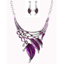 Elegant European Leaves Enamel Inlay Crystal Necklace Earrings Jewelry Set for Women