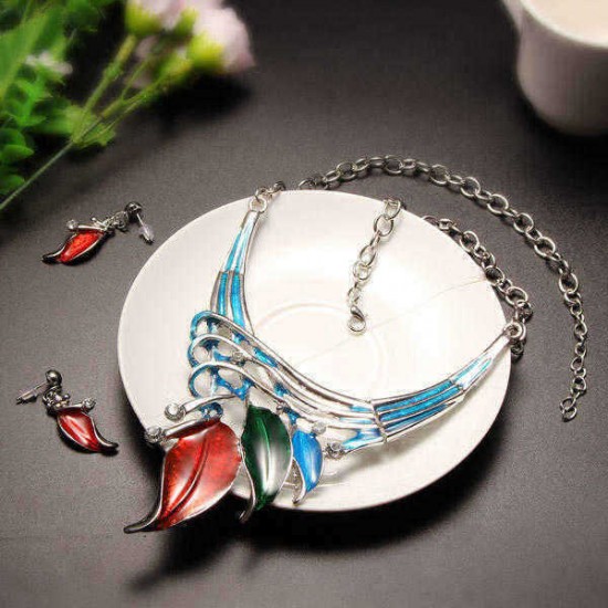 Elegant European Leaves Enamel Inlay Crystal Necklace Earrings Jewelry Set for Women