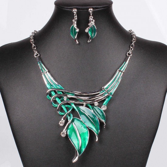 Elegant European Leaves Enamel Inlay Crystal Necklace Earrings Jewelry Set for Women