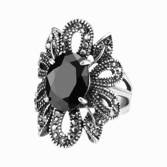 Elegant Finger Ring Black Crystal Antique Silver Hollow Flower leaves Rings Punk Jewelry for Women