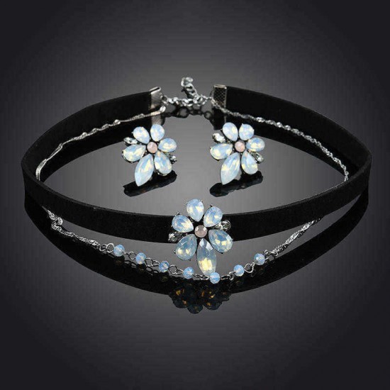 Elegant Flower Charm Double Layer Black Choker Necklace Piercing Earrings Fashion Women Jewelry Set