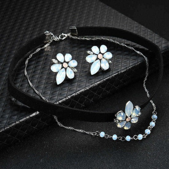 Elegant Flower Charm Double Layer Black Choker Necklace Piercing Earrings Fashion Women Jewelry Set