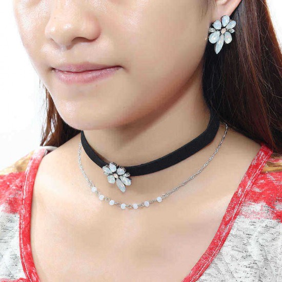 Elegant Flower Charm Double Layer Black Choker Necklace Piercing Earrings Fashion Women Jewelry Set