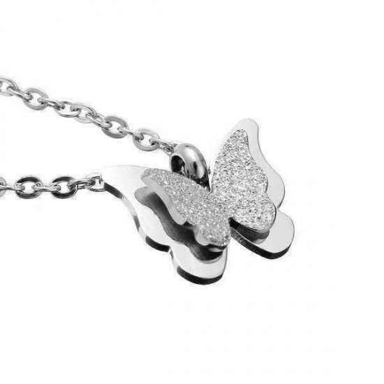 Elegant Frosted Double Layer Butterfly Pendant Necklace Jewelry