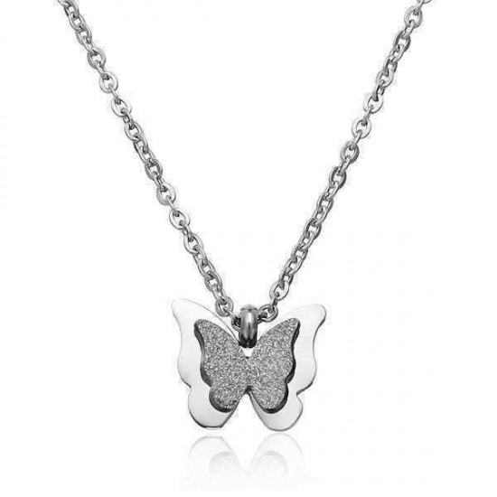 Elegant Frosted Double Layer Butterfly Pendant Necklace Jewelry