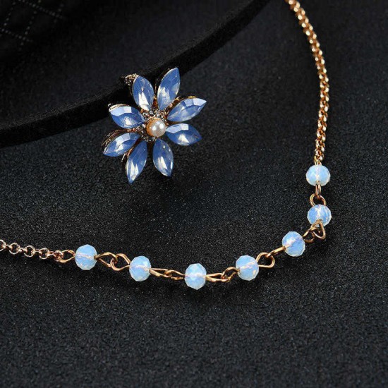 Elegant Gift for Women Blue Rhinestone Pearl Flower Double Layer Choker Necklace Snowflake Earrings