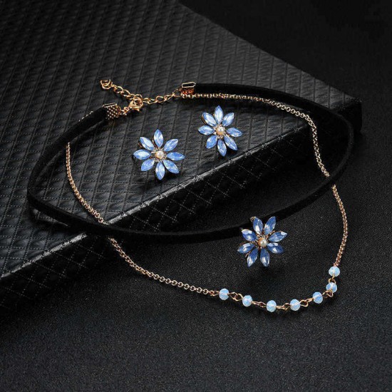 Elegant Gift for Women Blue Rhinestone Pearl Flower Double Layer Choker Necklace Snowflake Earrings