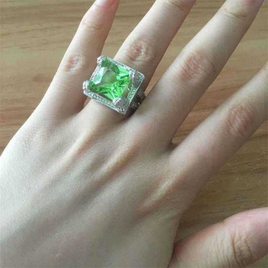 Elegant Green Gem Zircon Ring Wedding Crystal Silver Color Rings Trendy Jewelry for Women