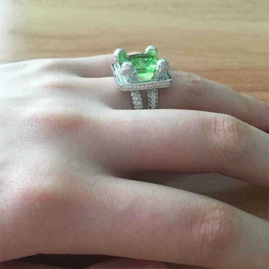 Elegant Green Gem Zircon Ring Wedding Crystal Silver Color Rings Trendy Jewelry for Women