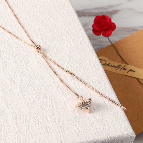 Elegant Necklace Rhinestone Gyro Tassel Pendant Sweet Rose Gold Plated Long Necklace for Women