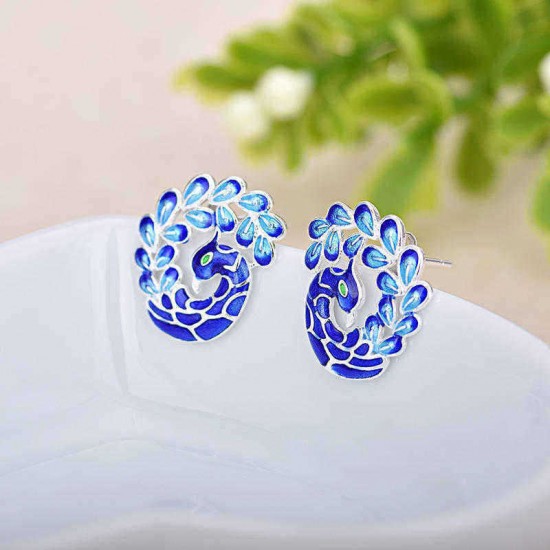 Elegant Painting Blue Peacock Silver Plated Ear Stud Retro Enamel Earrings for Women