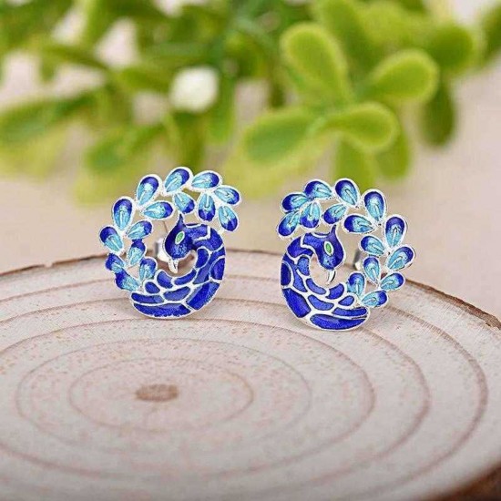 Elegant Painting Blue Peacock Silver Plated Ear Stud Retro Enamel Earrings for Women